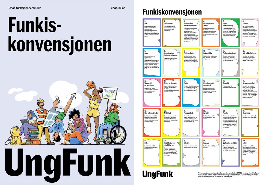 30 firkanter i ulike farger med hver sin artikkel fra funkiskonvensjonen.