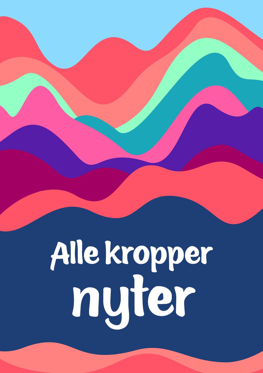 Linjer i ulike farger bølger seg over hverande og omkranser ordene "Alle kropper nyter".