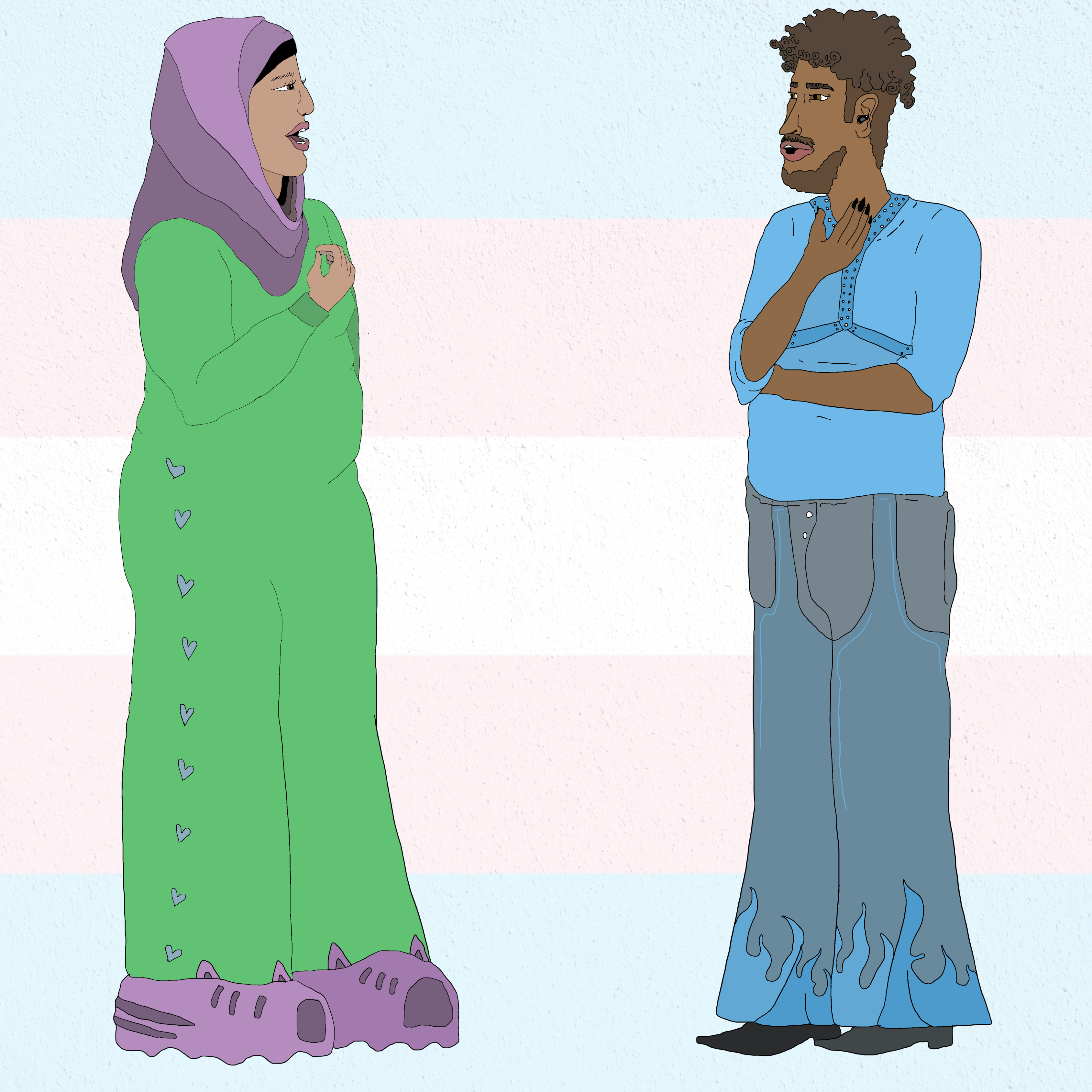 En transkvinne med lang grønn kjole, lilla sko og lilla hijab prater på tegnespråk til en mørk transmann med brunt krøllete hår, blå bukser og lyseblå genser. Bakgrunnen er i transflaggets farger (lyseblå, hvit og lyserosa).