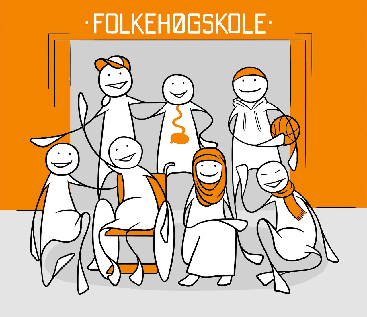 En gjeng med ungdom står foran en dør, og smiler og ler. Over døren står det "Folkehøgskole". Ungdommene har ulike kropper og kommer fra forskjellige kulturer. En har på seg hijab, en sitter i rullestol og en har en usynlig sykdom.