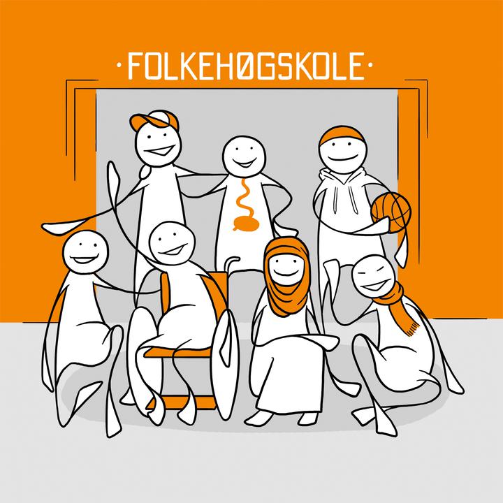 En gjeng med ungdom står foran en dør, og smiler og ler. Over døren står det "Folkehøgskole". Ungdommene har ulike kropper og kommer fra forskjellige kulturer. En har på seg hijab, en sitter i rullestol og en har en usynlig sykdom.