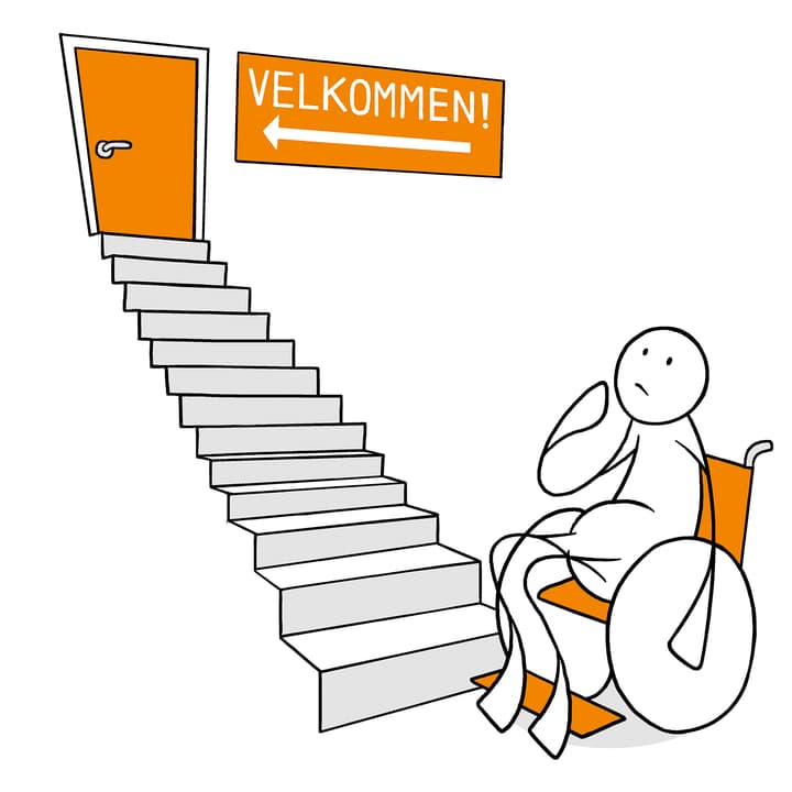 En person sitter i rullestol og ser spørrende ut. Ved siden av personen er det en lang trapp som leder til en orange dør. Ved siden av døren henger det et skilt hvor det står "VELKOMMEN!"