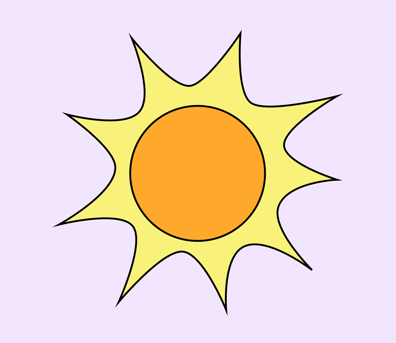 Sol med lange solstråler. Illustrasjon.