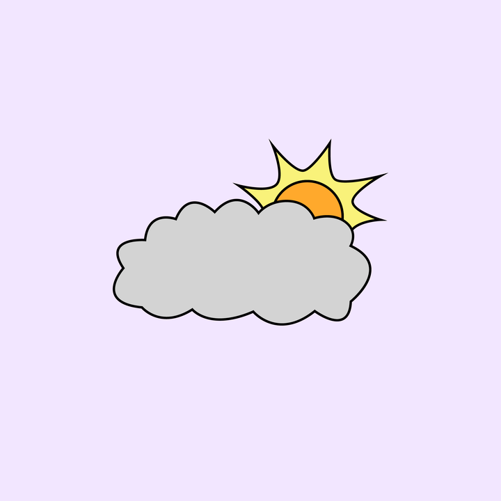Grå sky med sol tittende delvis fram bak. Illustrasjon.